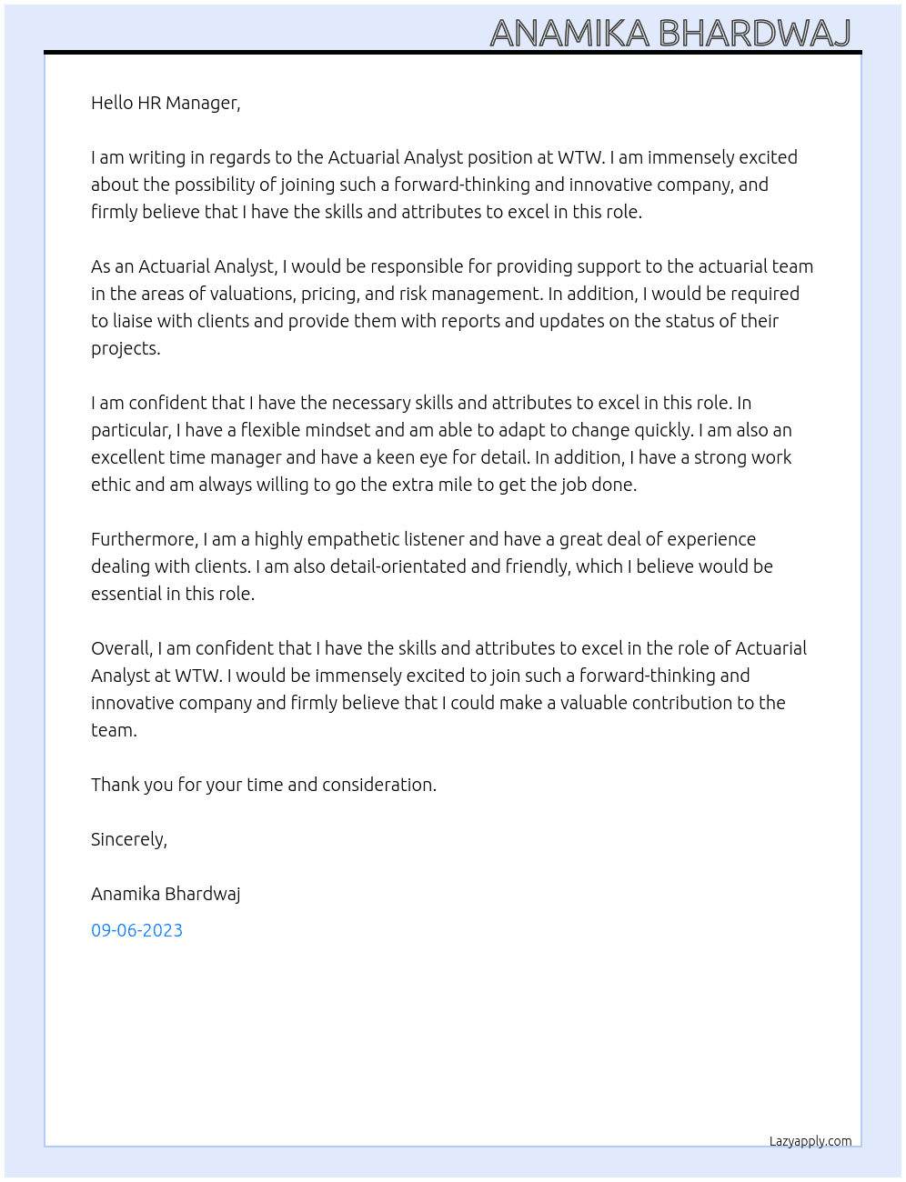 Actuarial Analyst  At WTW  Cover Letter