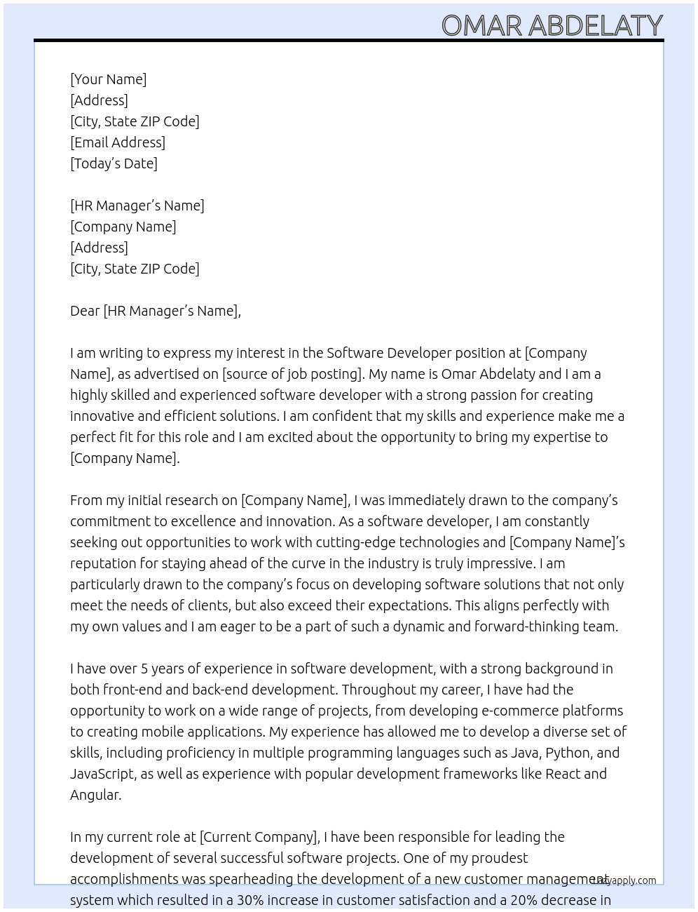Software Developer At Client Cover Letter