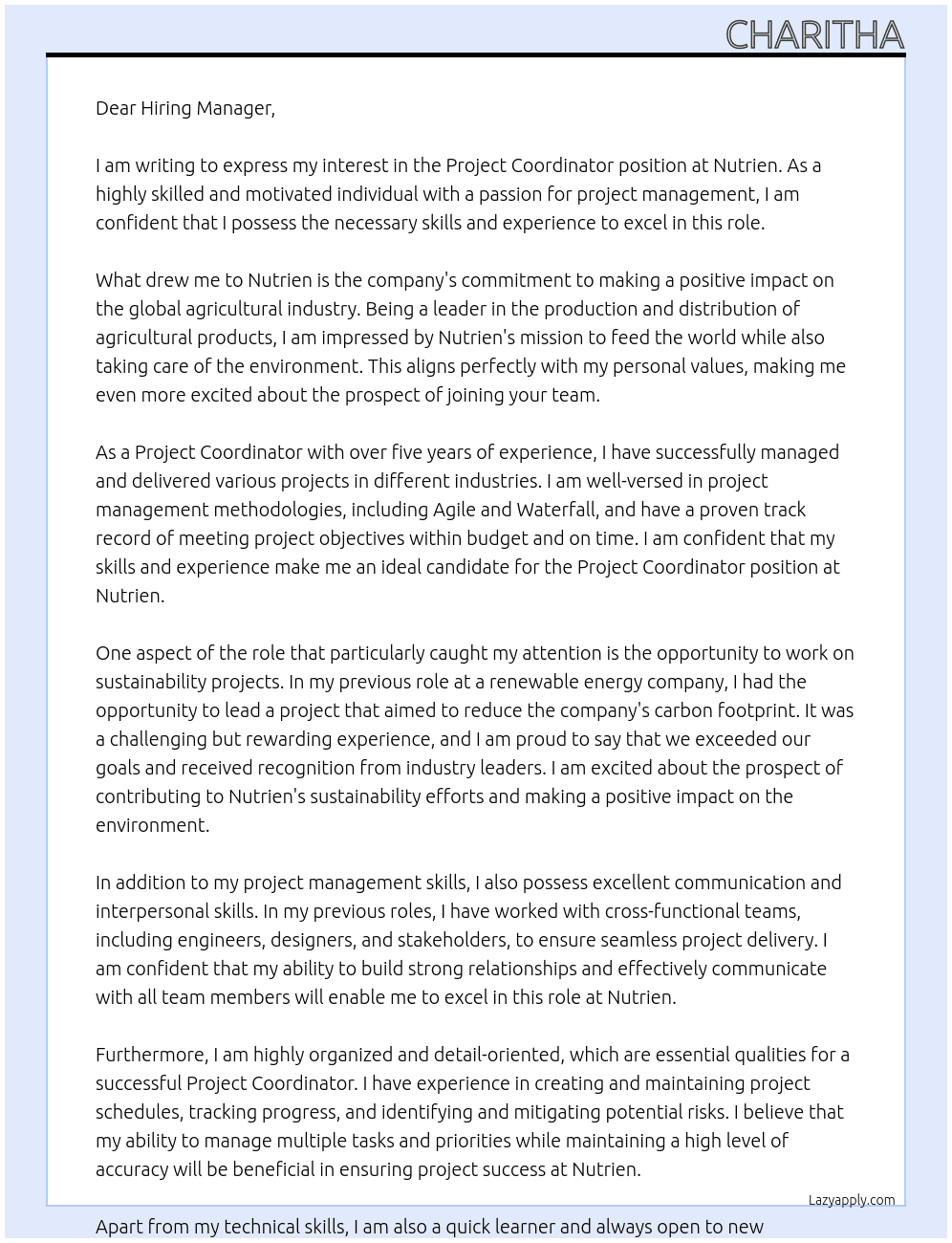 Project Coordinator At Nutrien Cover Letter