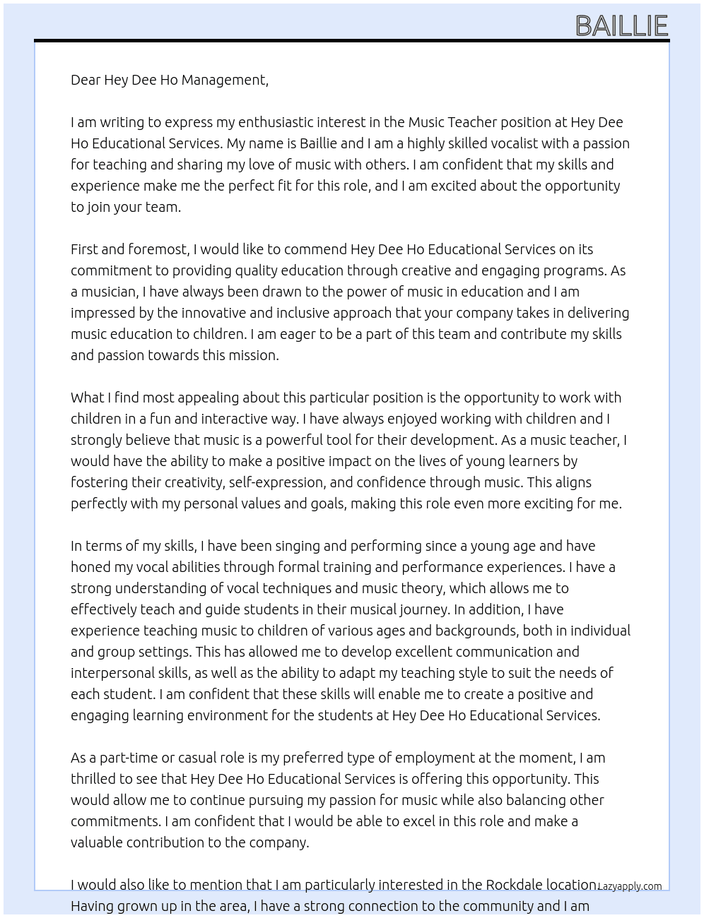 Music Teacher At Hey Dee Ho Educational Services Cover Letter