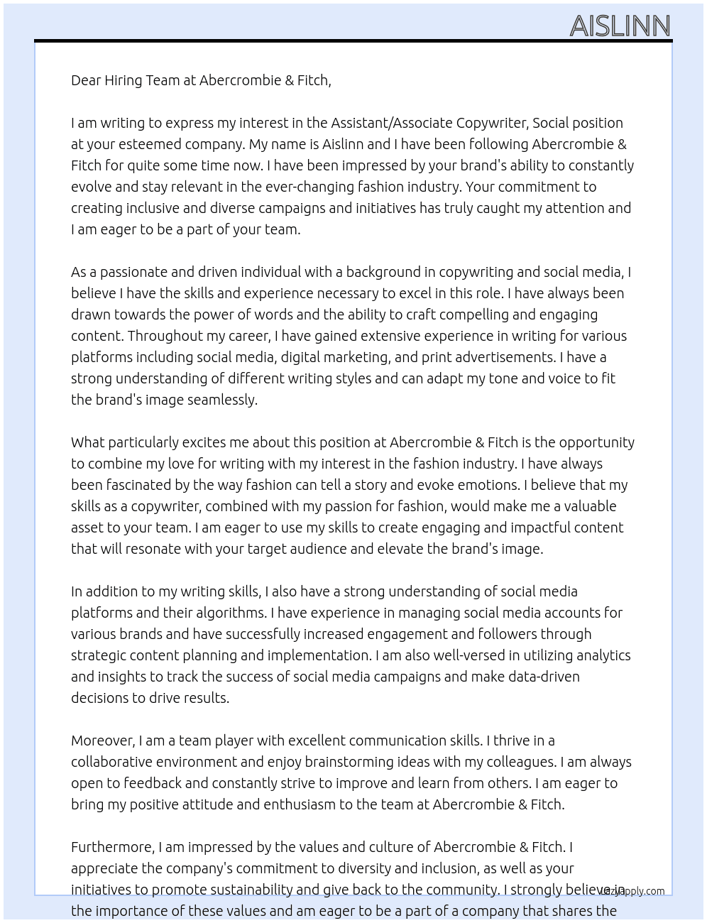 Assistant/ Associate Copywriter, Social At Abercrombie & Fitch Cover Letter