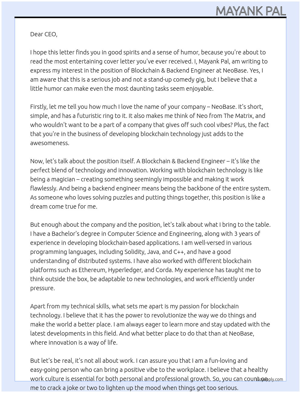 Blockchain & Backend Engineer At  NeoBase Cover Letter