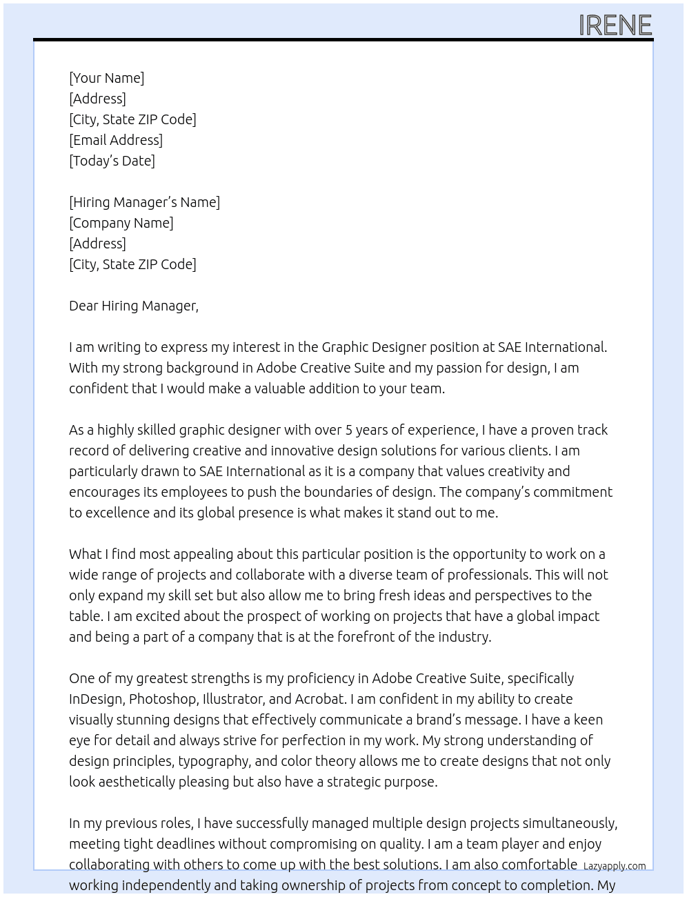 Graphic Designer At SAE International Cover Letter