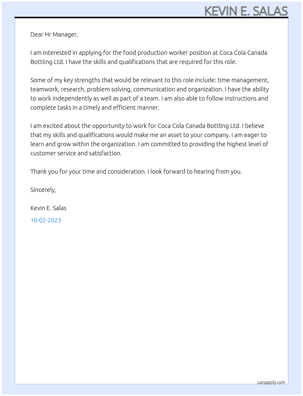Food Production Worker  At Coca Cola Canada Bottling Ltd. Cover Letter