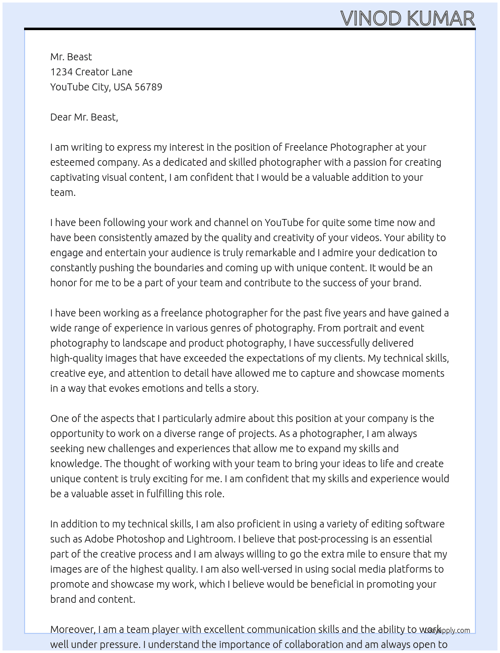 Freelance Photographer At Mr. Beast Cover Letter