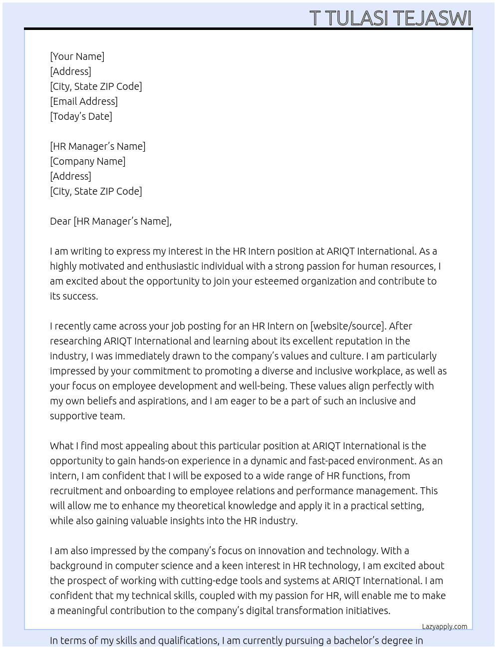 HR Intern At ARIQT International  Cover Letter