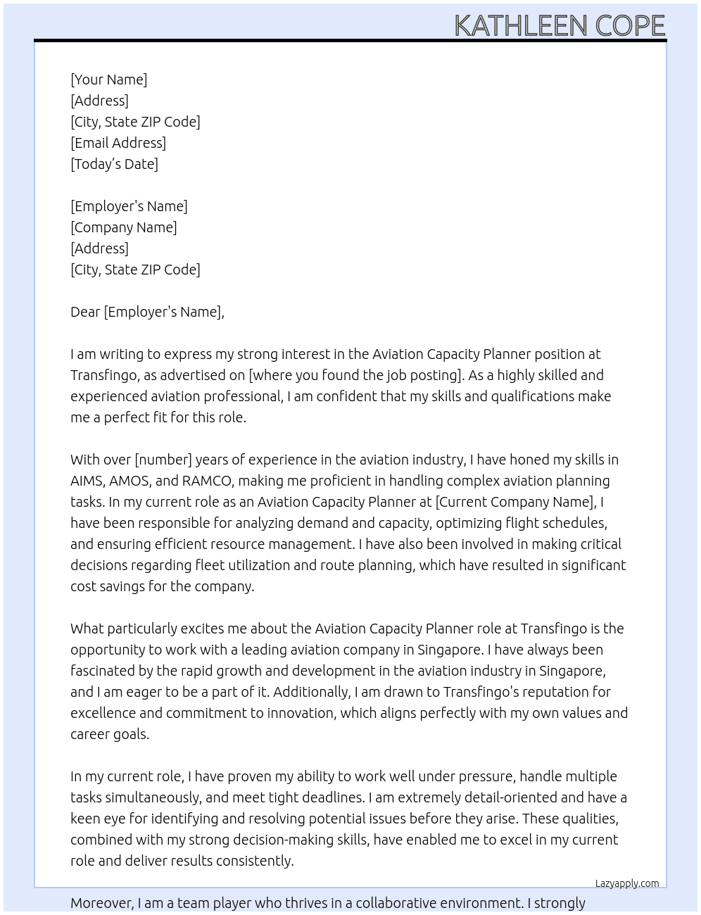 Aviation Capacity Planner At Transfingo Cover Letter