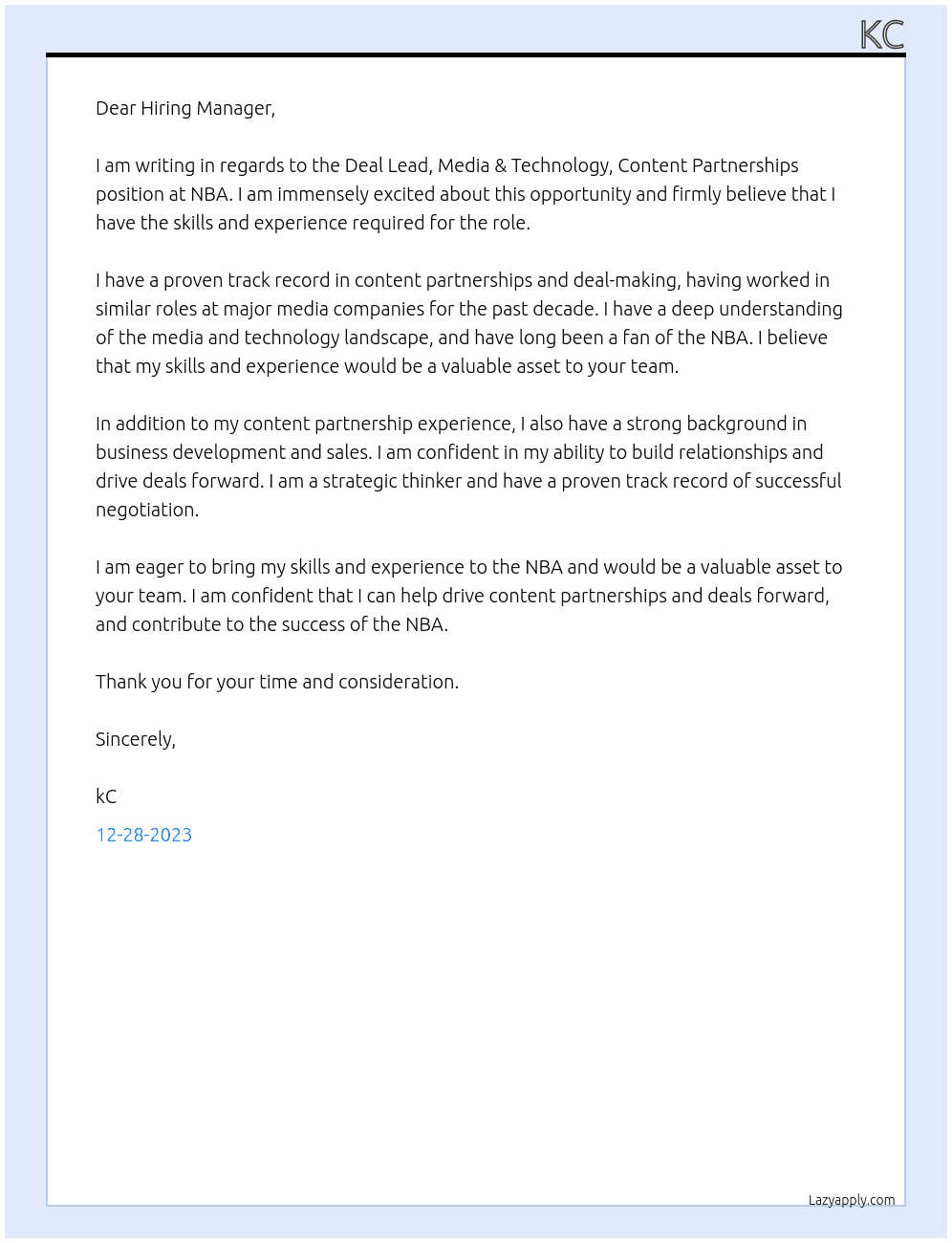 Deal Lead, Media & Technology, Content Partnerships At NBA Cover Letter