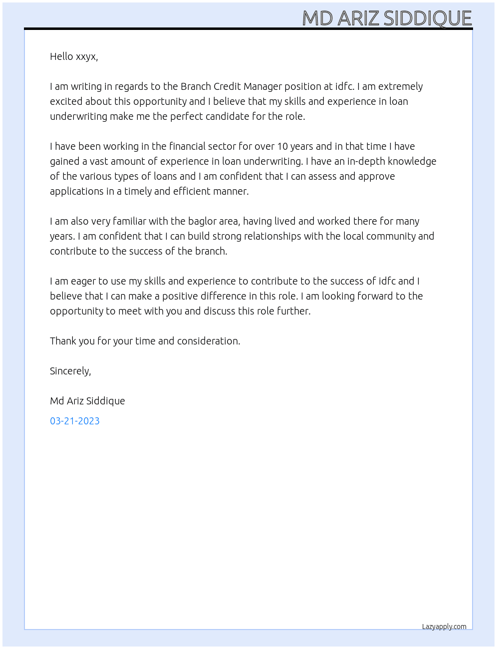 Branch Credit Manager At idfc Cover Letter