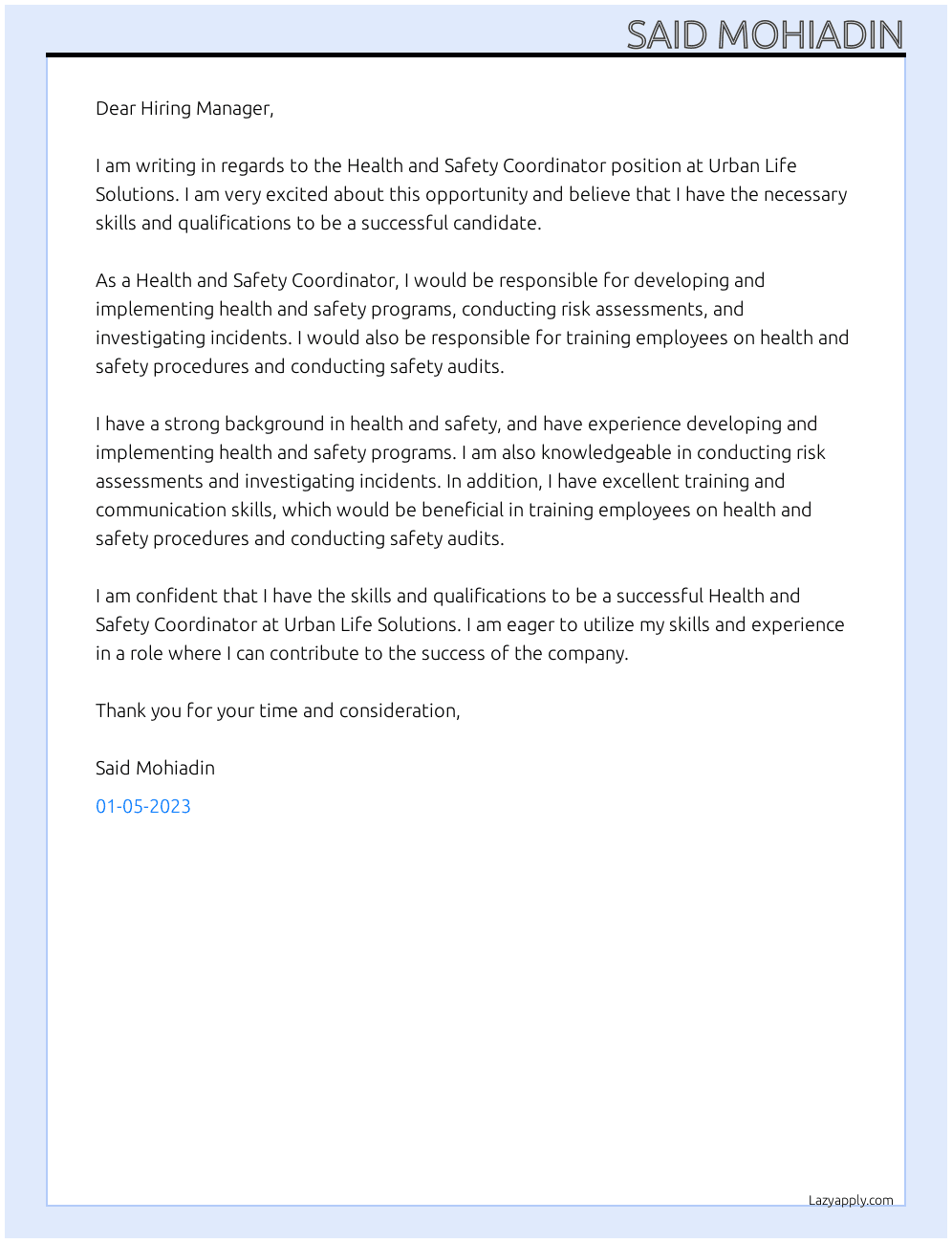 Health and Safety Coordinator At Urban Life Solutions  Cover Letter