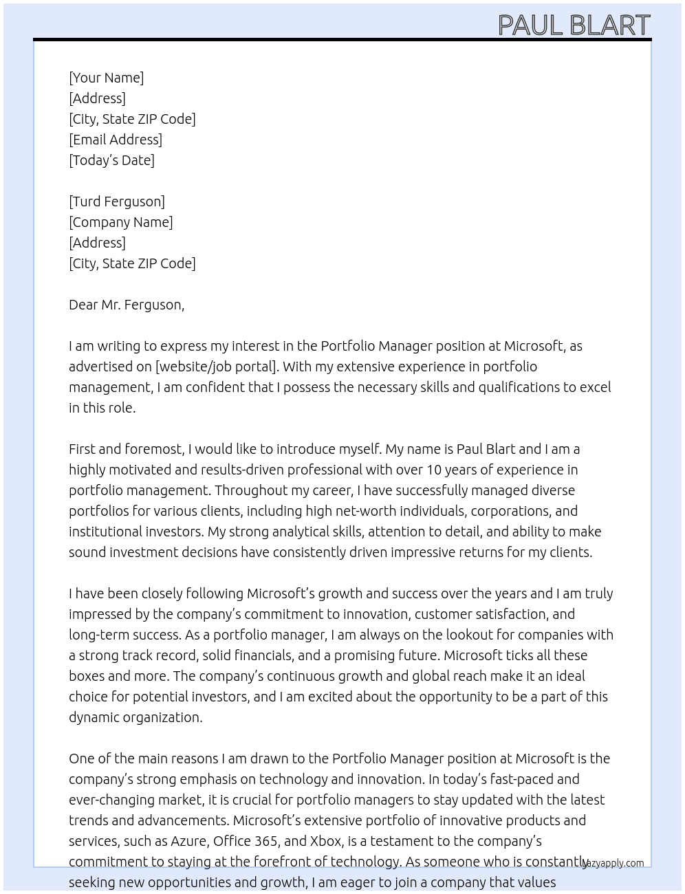 Portfolio Manager At Microsoft Cover Letter