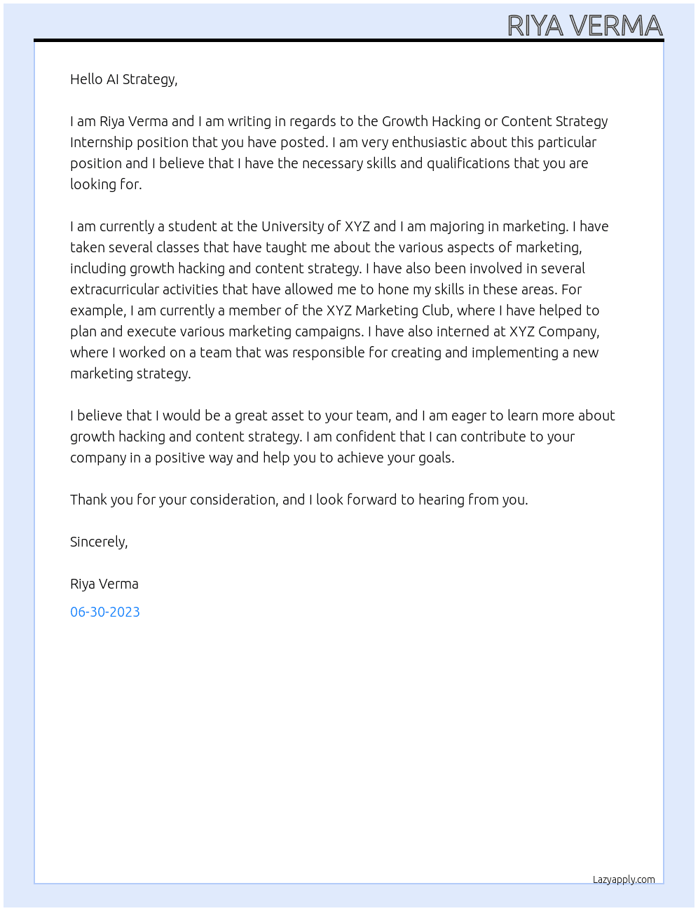 Growth Hacking or Content Strategy  Internship At AI Strategy Cover Letter