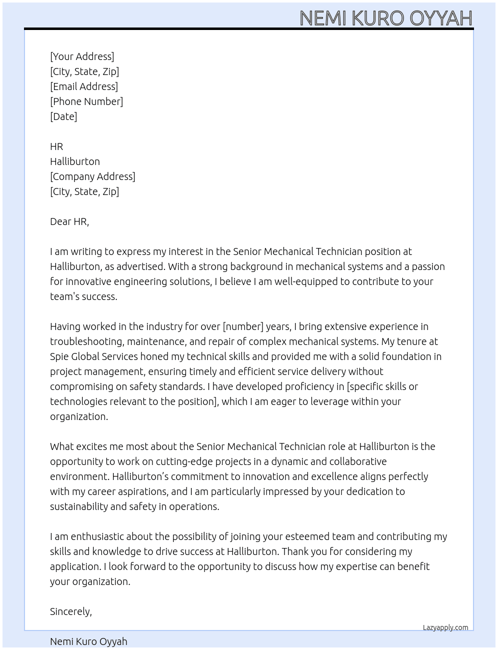 Senior mechanical Technician  At Spie global services  Cover Letter