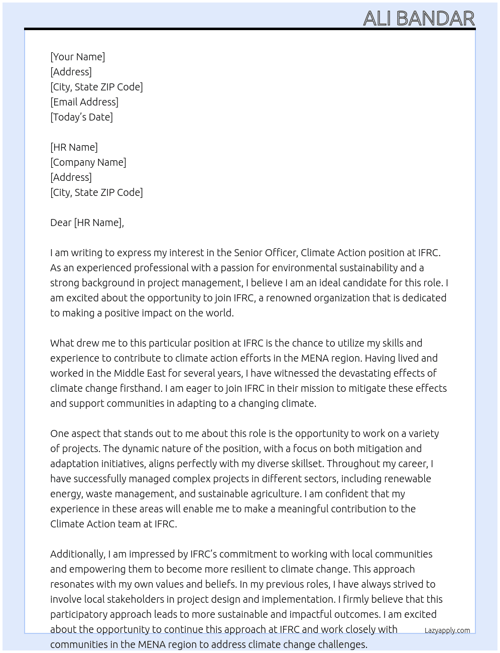 Senior Officer, Climate Action At IFRC Cover Letter
