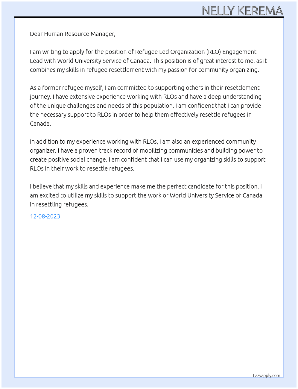 Refugee Led Organization (RLO) Engagement Lead At World University service of Canada Cover Letter