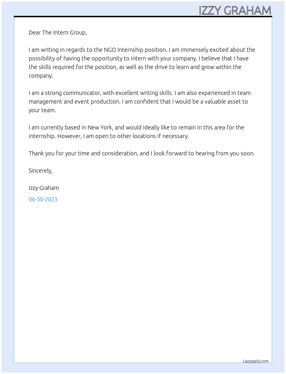 NGO Internship At The Intern Group Cover Letter