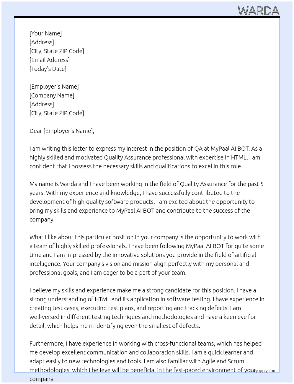 QA At MyPaal AI BOT Cover Letter