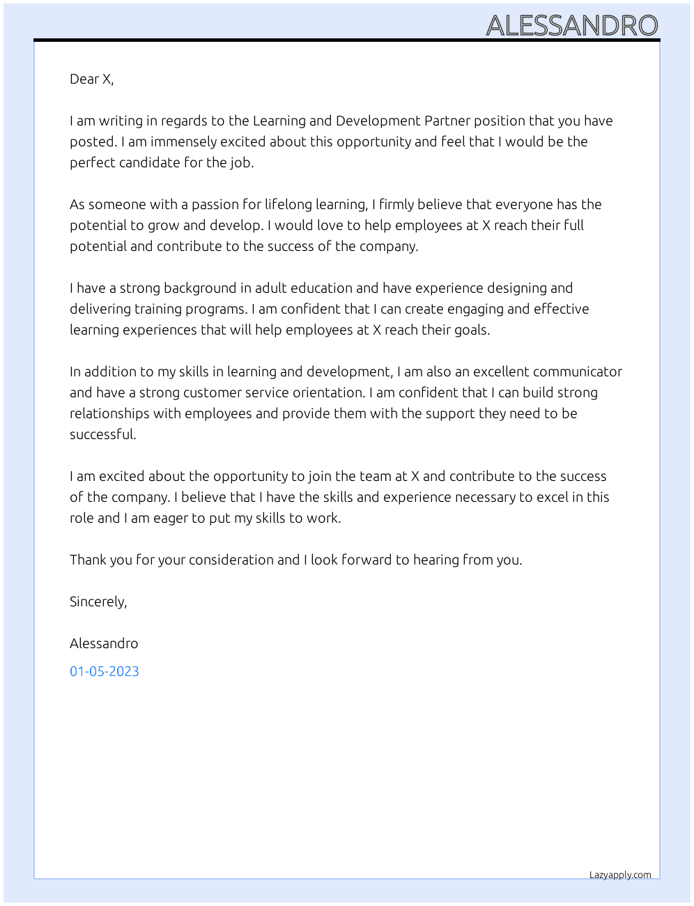 learning and development partner At x Cover Letter