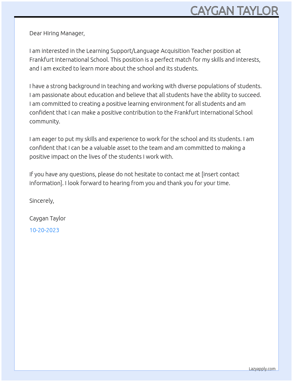 Learning Support/Language Acquisition Teacher At Frankfurt International School Cover Letter