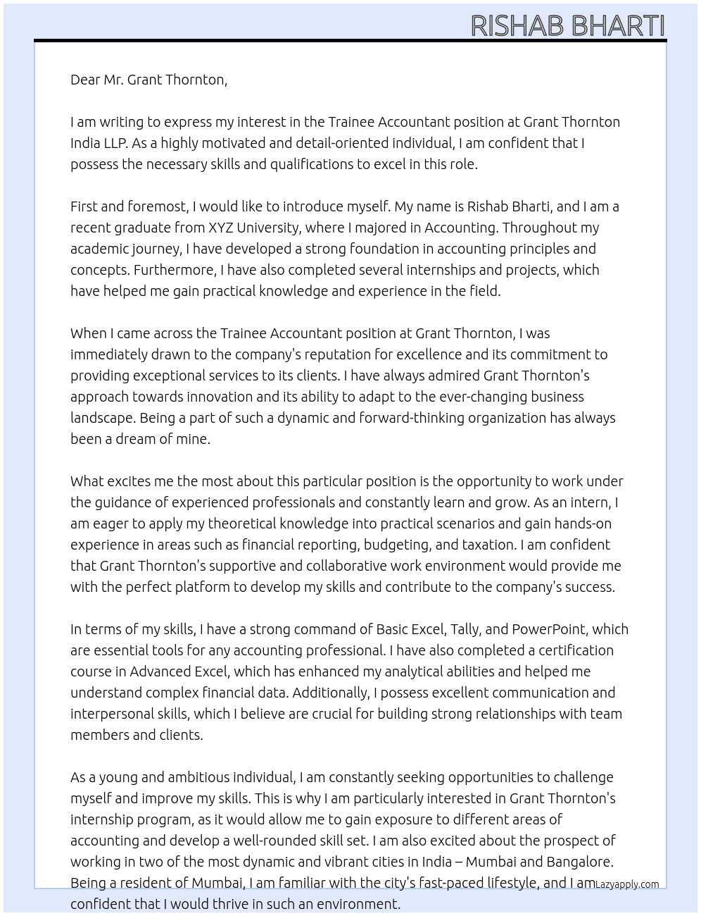 Trainee Accountant At Grant Thornton  Cover Letter