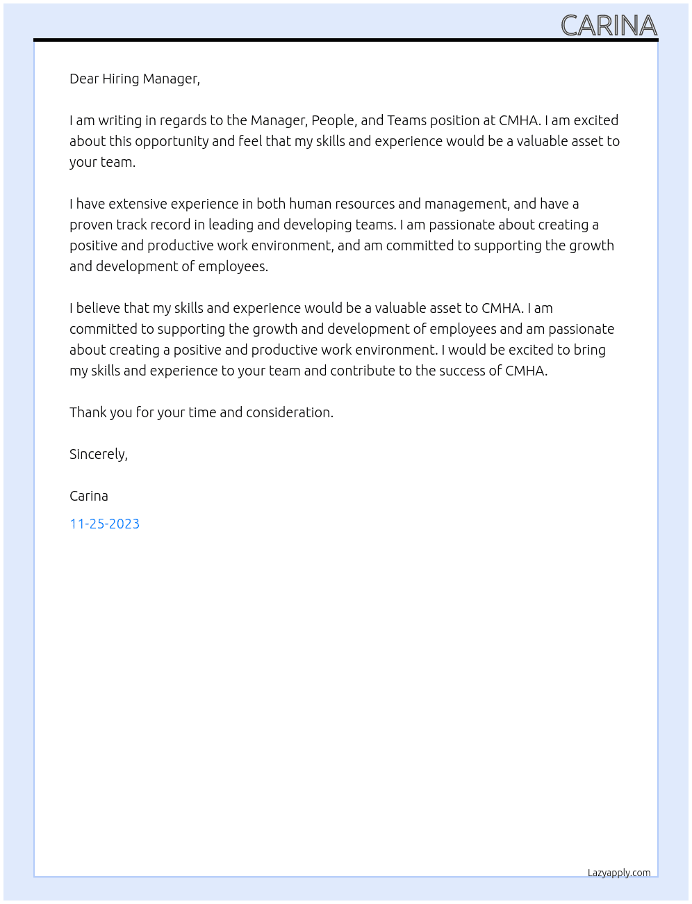 Manager, People, and Teams At CMHA Cover Letter