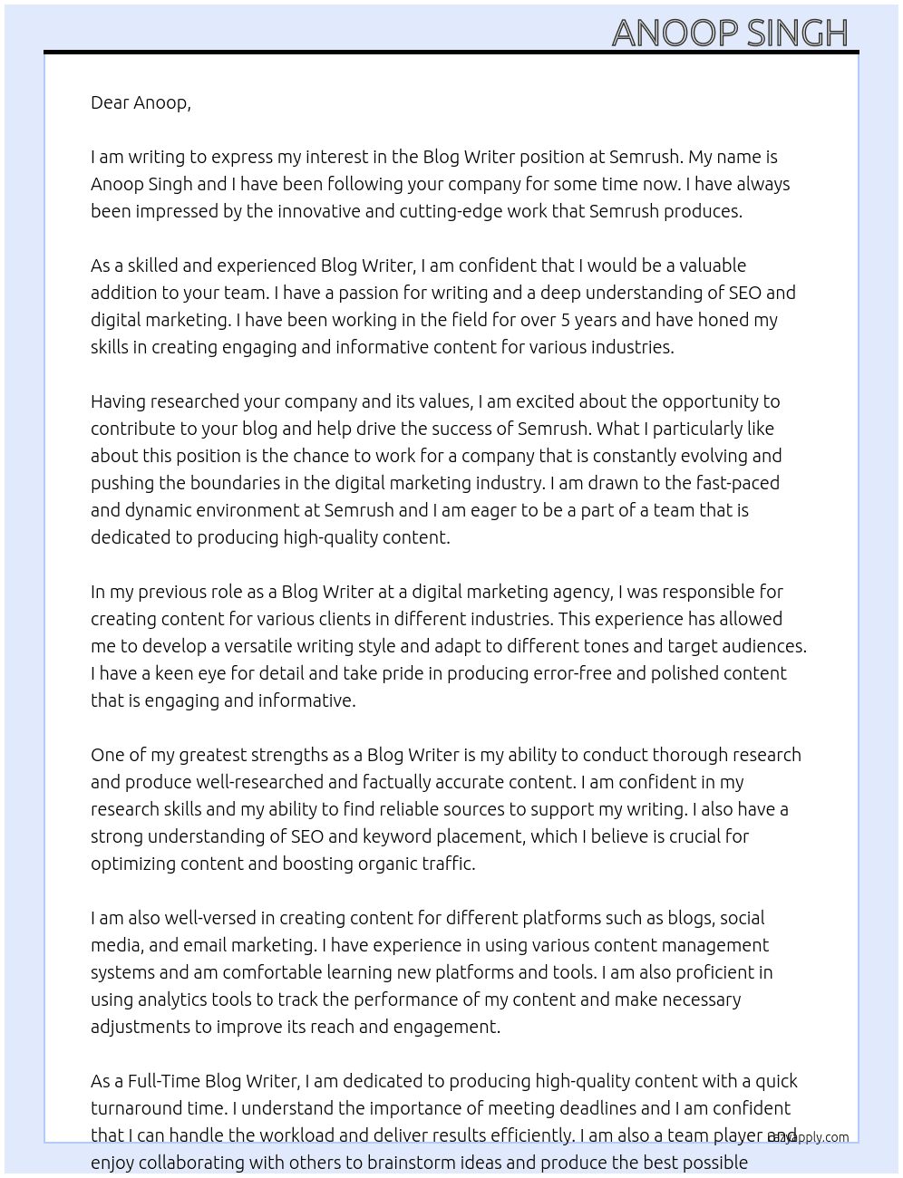 Blog writer At Semrush Cover Letter