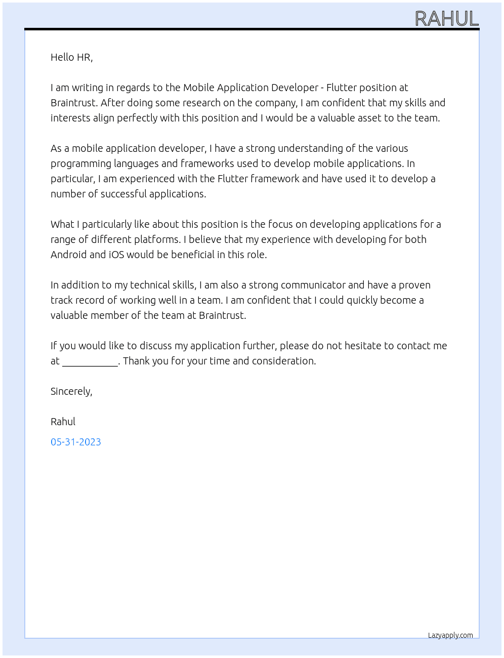 Mobile Application Developer - Flutter At Braintrust Cover Letter