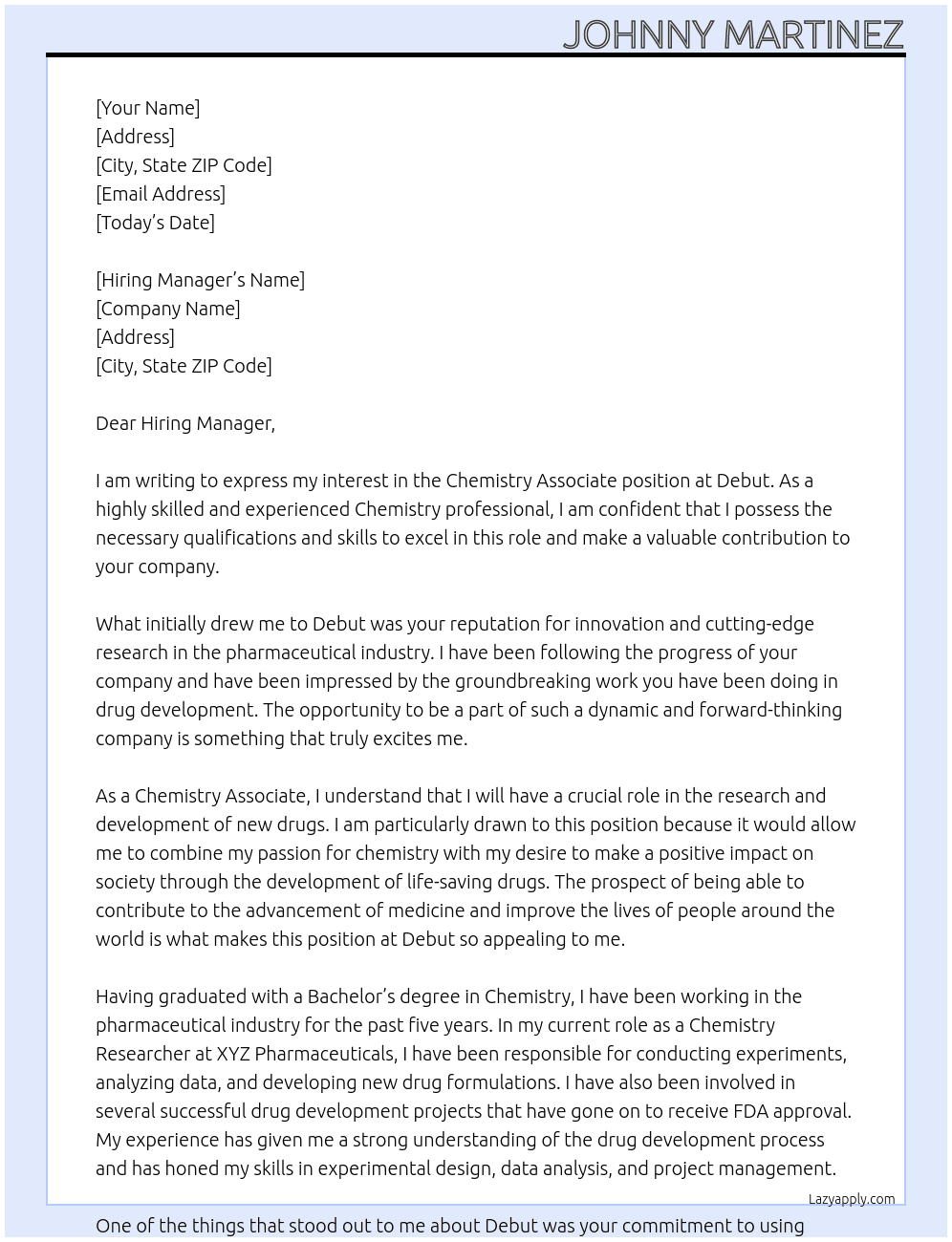 Chemistry Associate At Debut Cover Letter