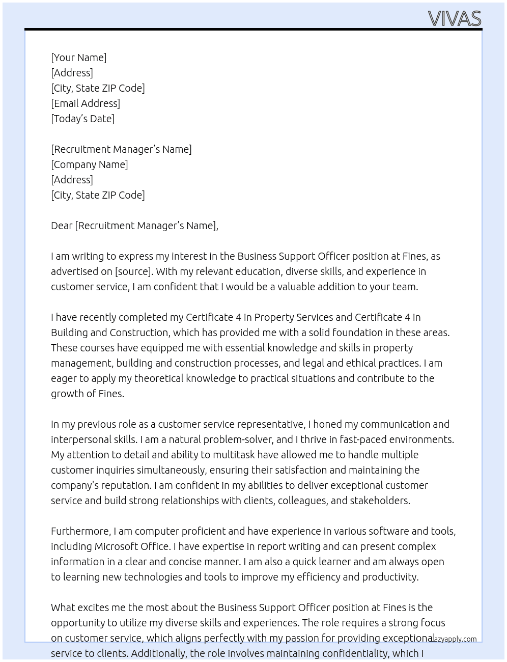 Business Support Officer  At Fines Cover Letter