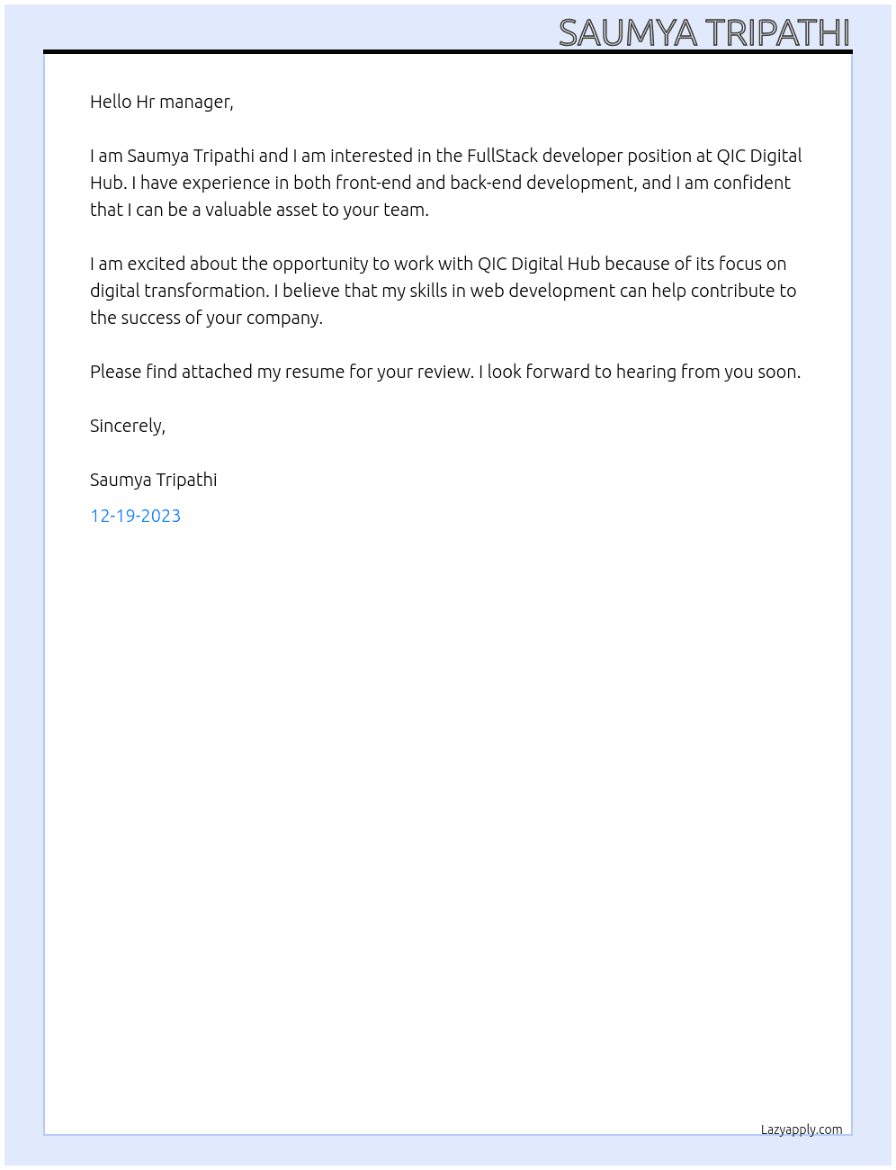 FullStack developer At QIC Digital Hub Cover Letter