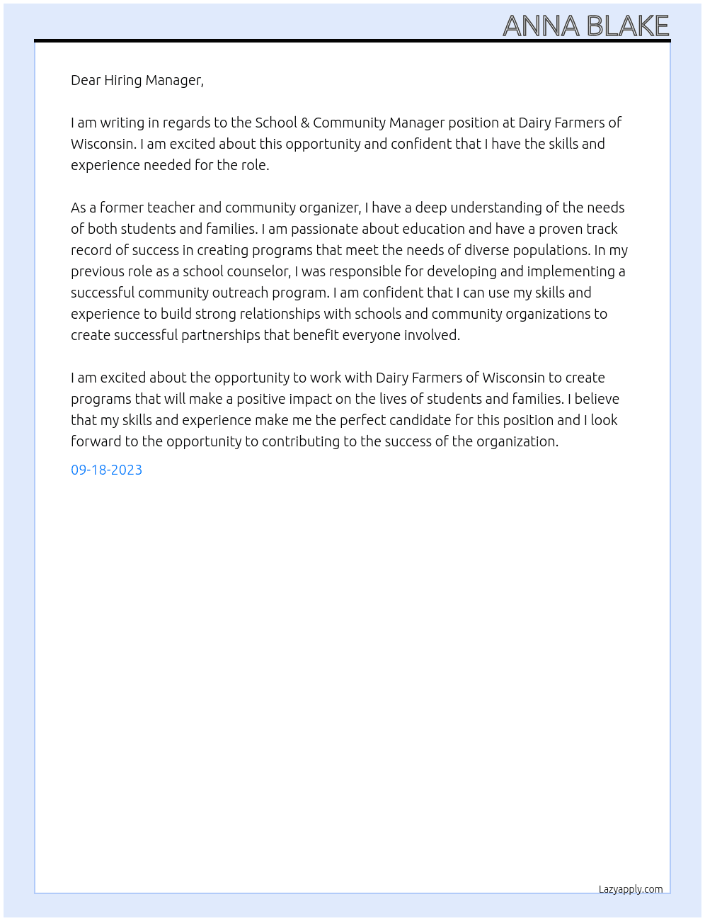 School & Community Manager At Dairy Farmers of WIsconsin Cover Letter