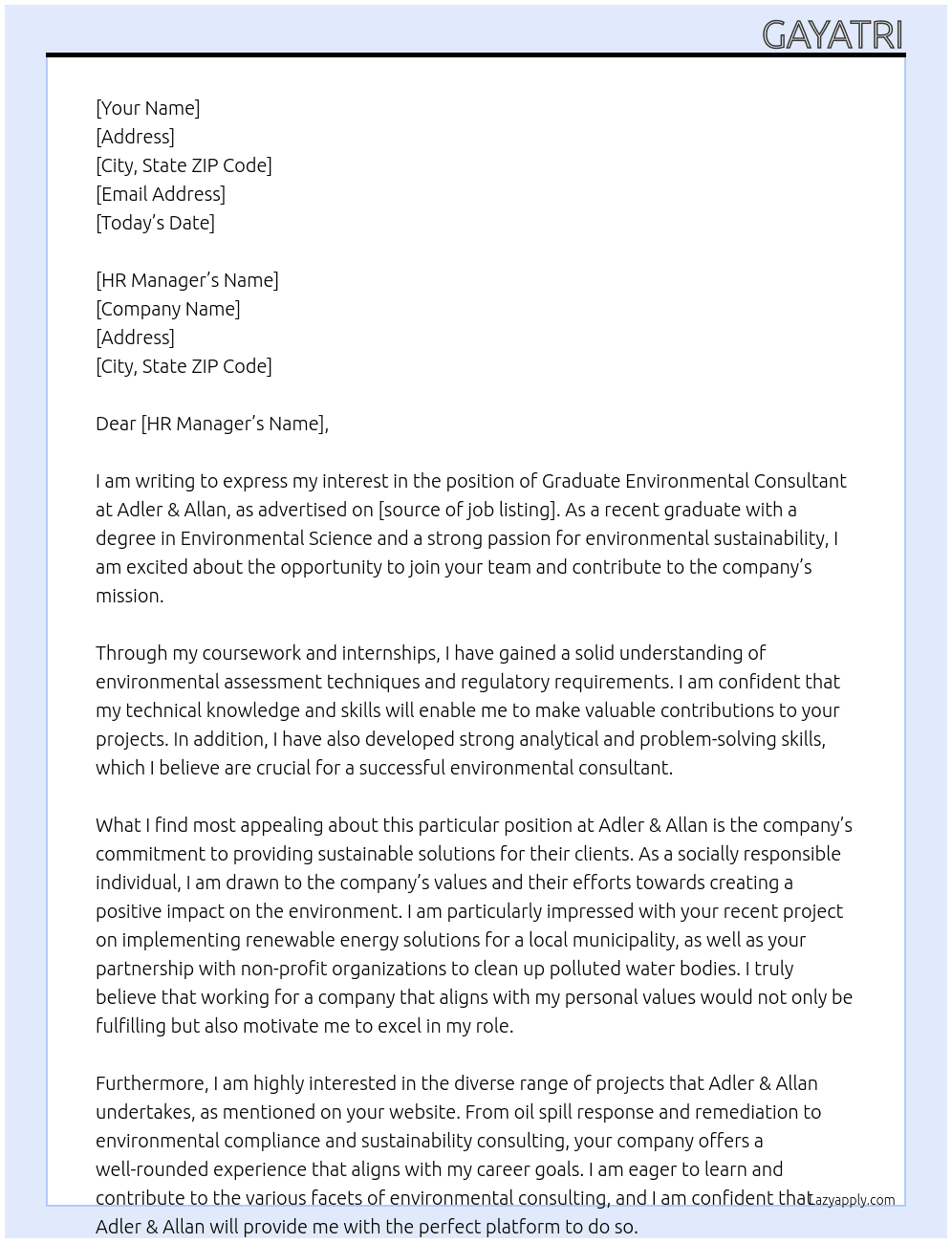 graduate environmental consultant At Adler & Allan Cover Letter