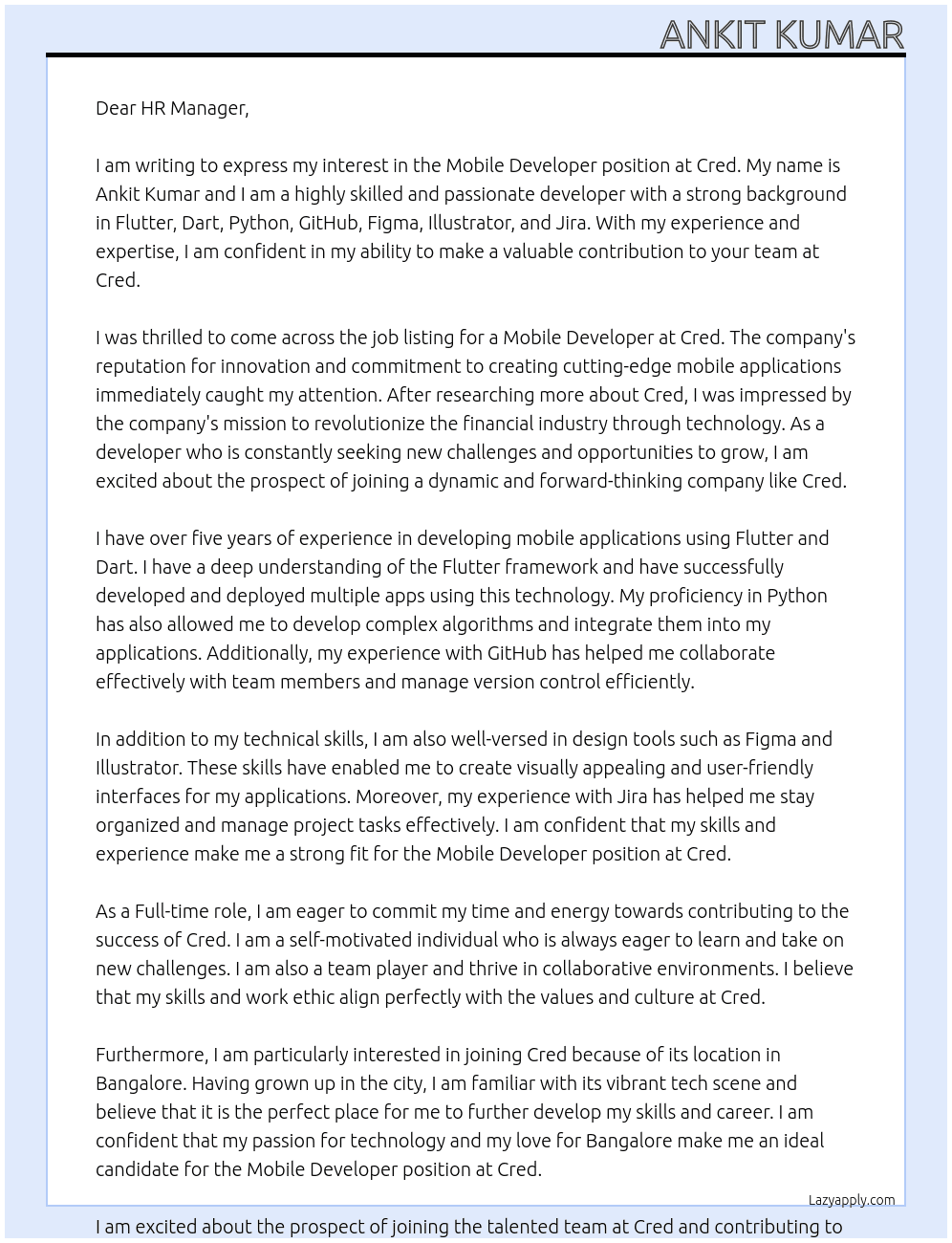 Mobile Developer At Cred Cover Letter