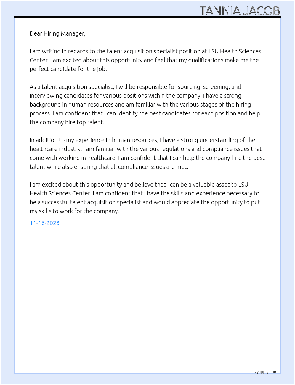talent acquisition specialist At LSU Health Sciences Center Cover Letter