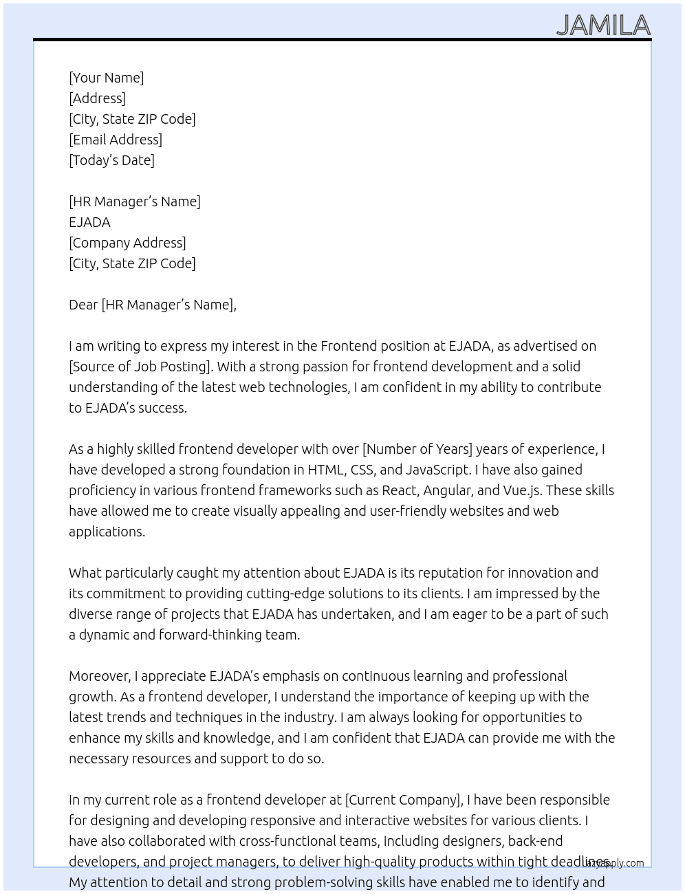 frontend  At EJADA Cover Letter