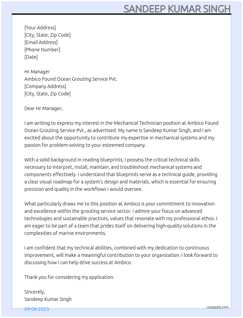 Mechanical technician  At Ambico found ocean grouting service pvt. Cover Letter