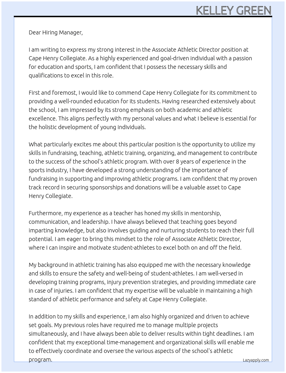 Cover letter for associate athletic director - LazyApply
