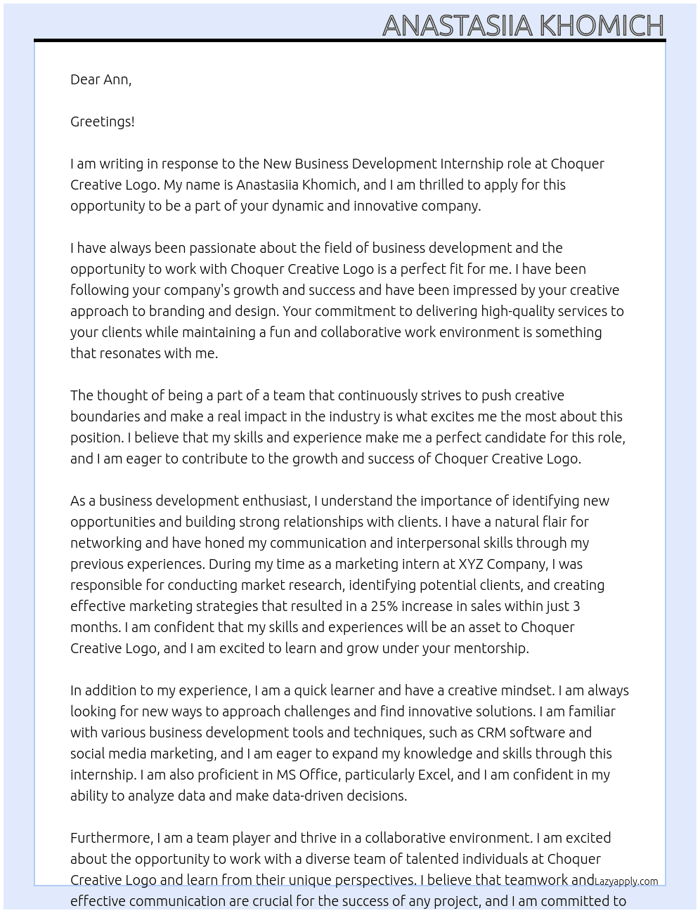 New Business Development At Choquer Creative Logo Cover Letter