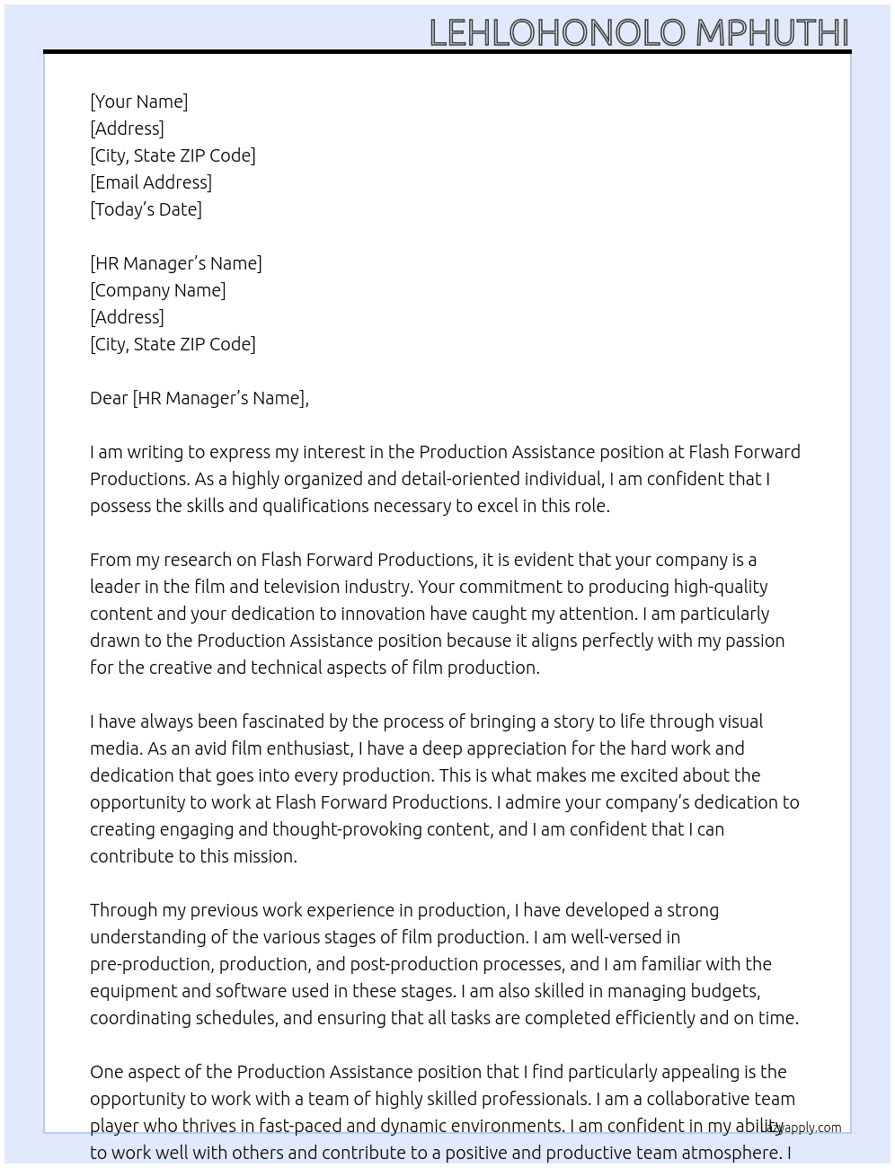 Production Assistance At Flash Forward Productions  Cover Letter
