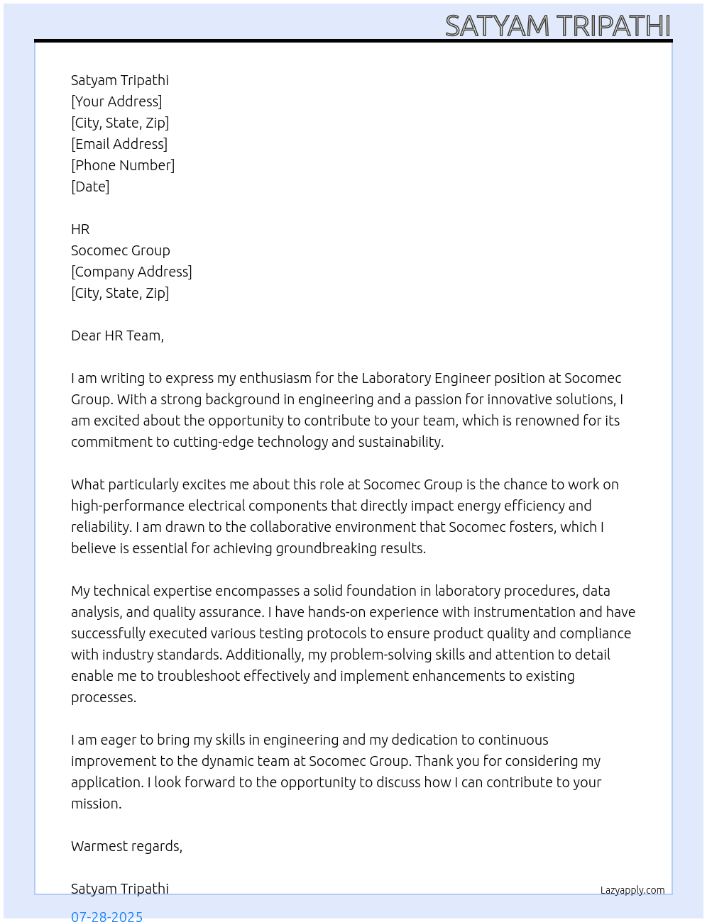 laboratory engineer At Socomec Group Cover Letter