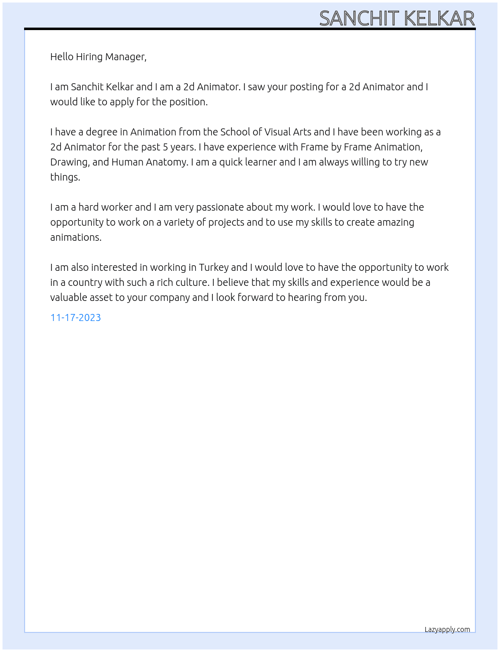 2d Animator At Pyama Films Cover Letter