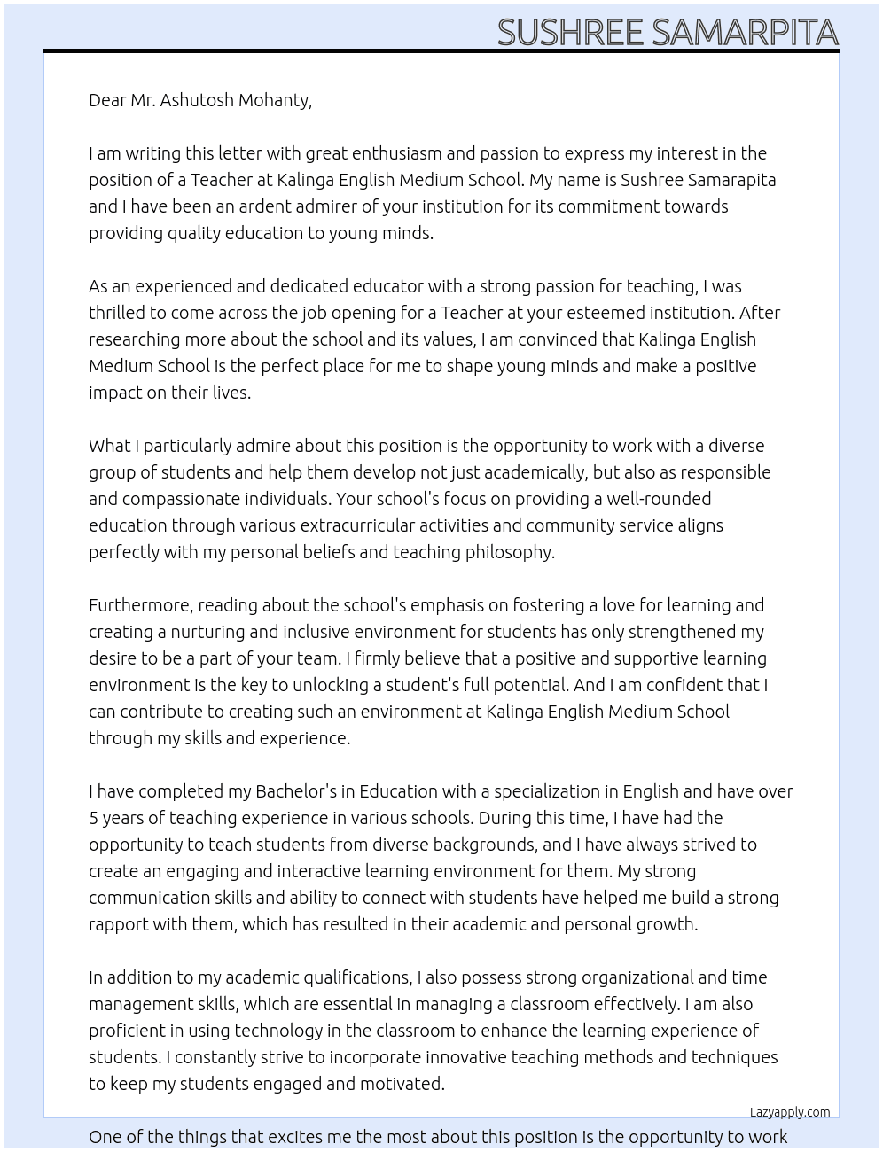 Teacher  At Kalinga English Medium School  Cover Letter