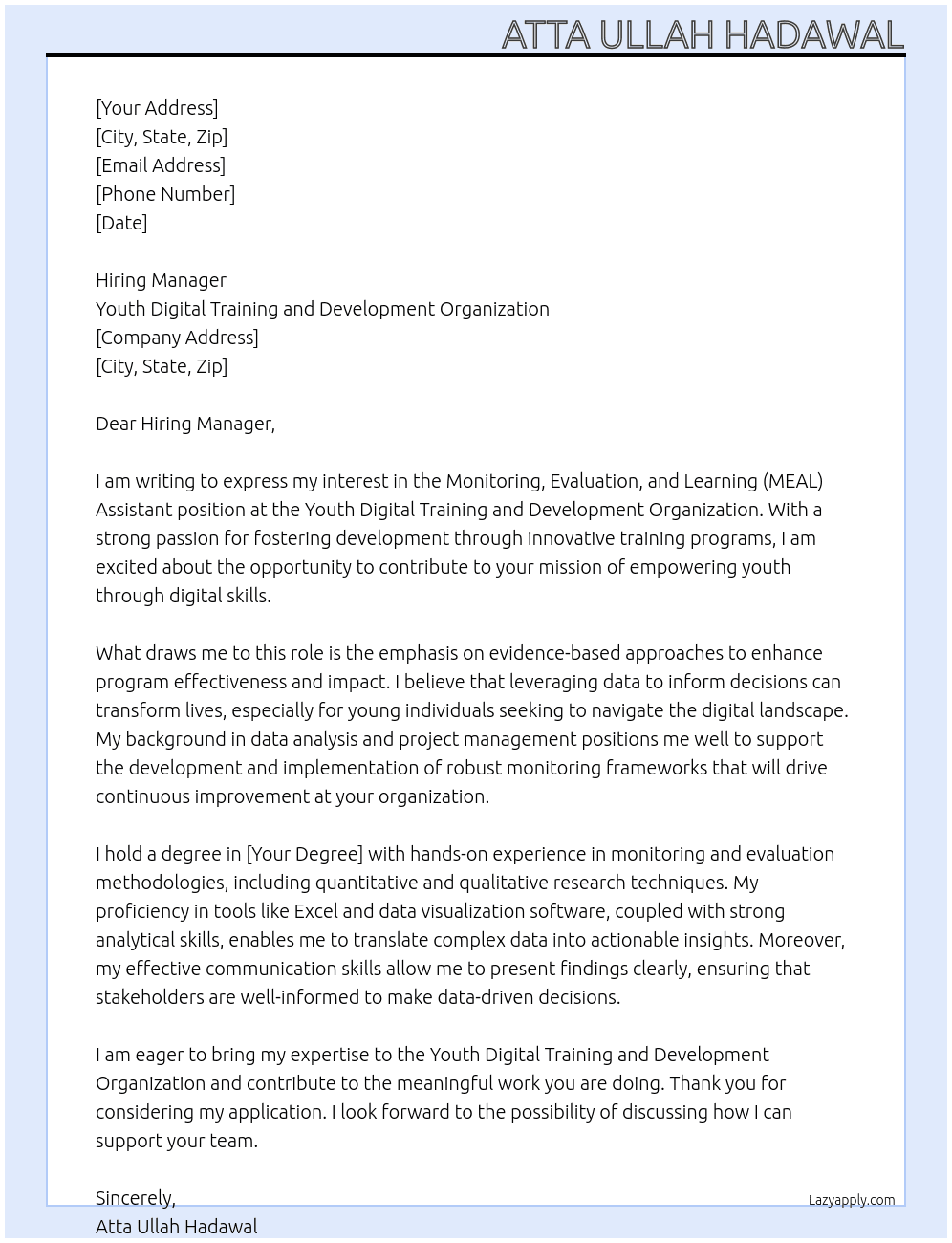 Monitoring Evaluation and Learning (MEAL) Assistant At Youth Digital Training and Development Organization Cover Letter