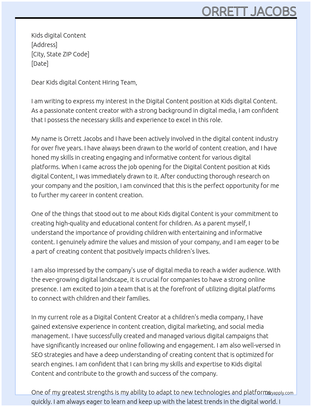 Digital Content  At Kids digital Content  Cover Letter