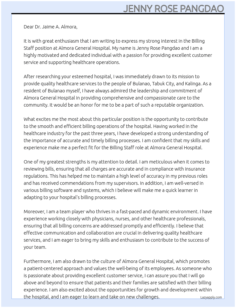 Billing Staff At Almora General Hospital Cover Letter