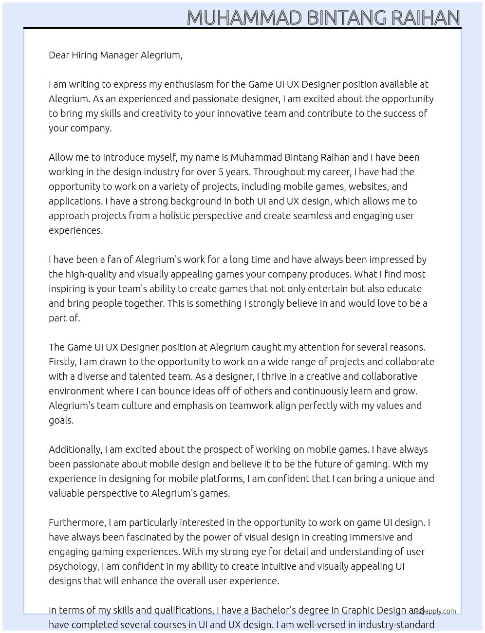 Game UI UX Designer At Alegrium Cover Letter