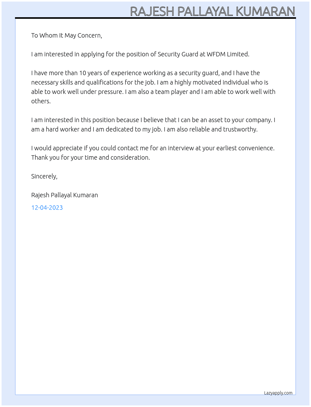Security Guard At WFDM LIMITED Cover Letter