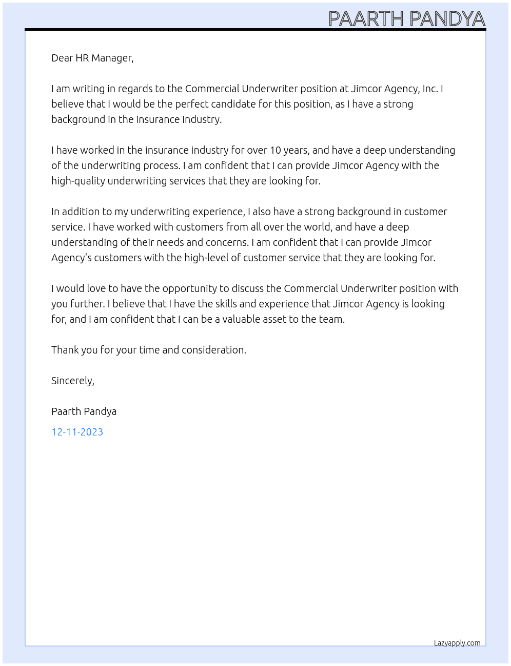 Commercial Underwriter At Jimcor Agency, Inc Cover Letter