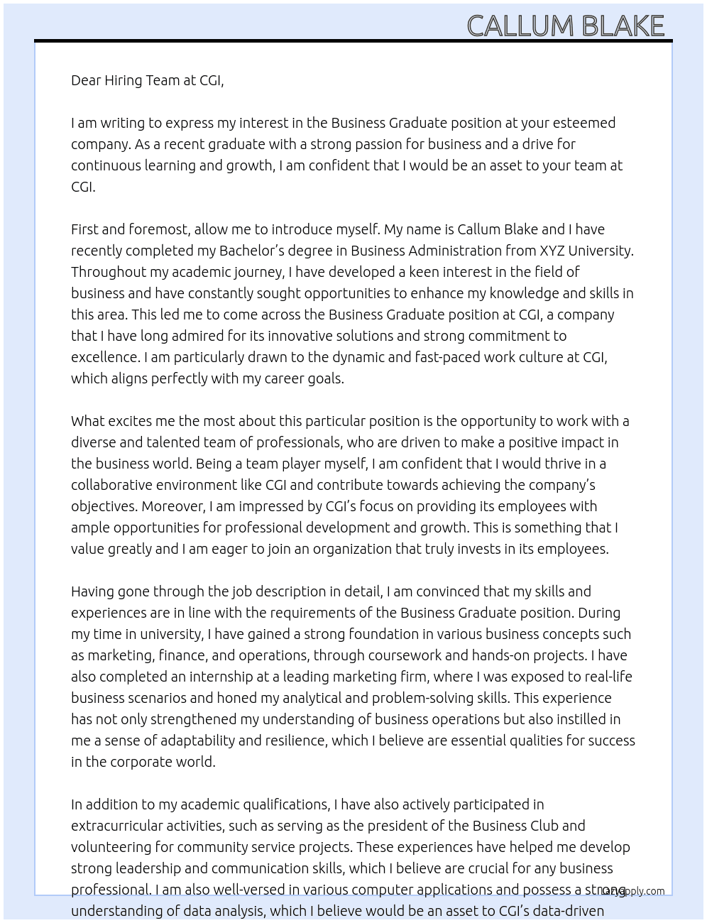 Business Graduate At CGI Cover Letter
