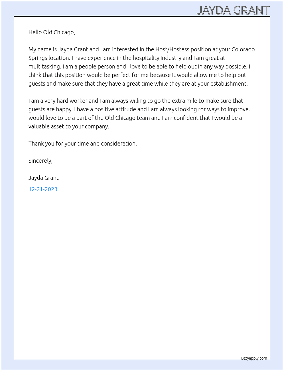 Host/Hostess At Of Chicago  Cover Letter
